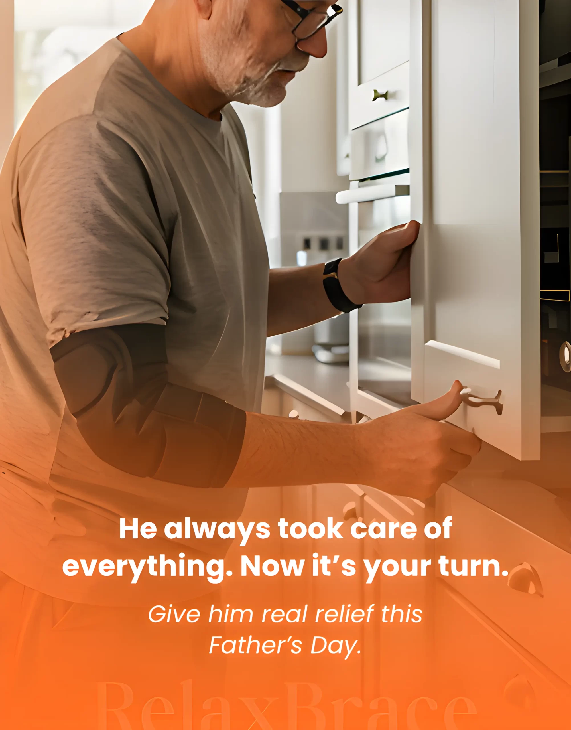 Man fixing kitchen cabinet wearing heating elbow brace — Father’s Day gift for elbow pain relief and mobility support.