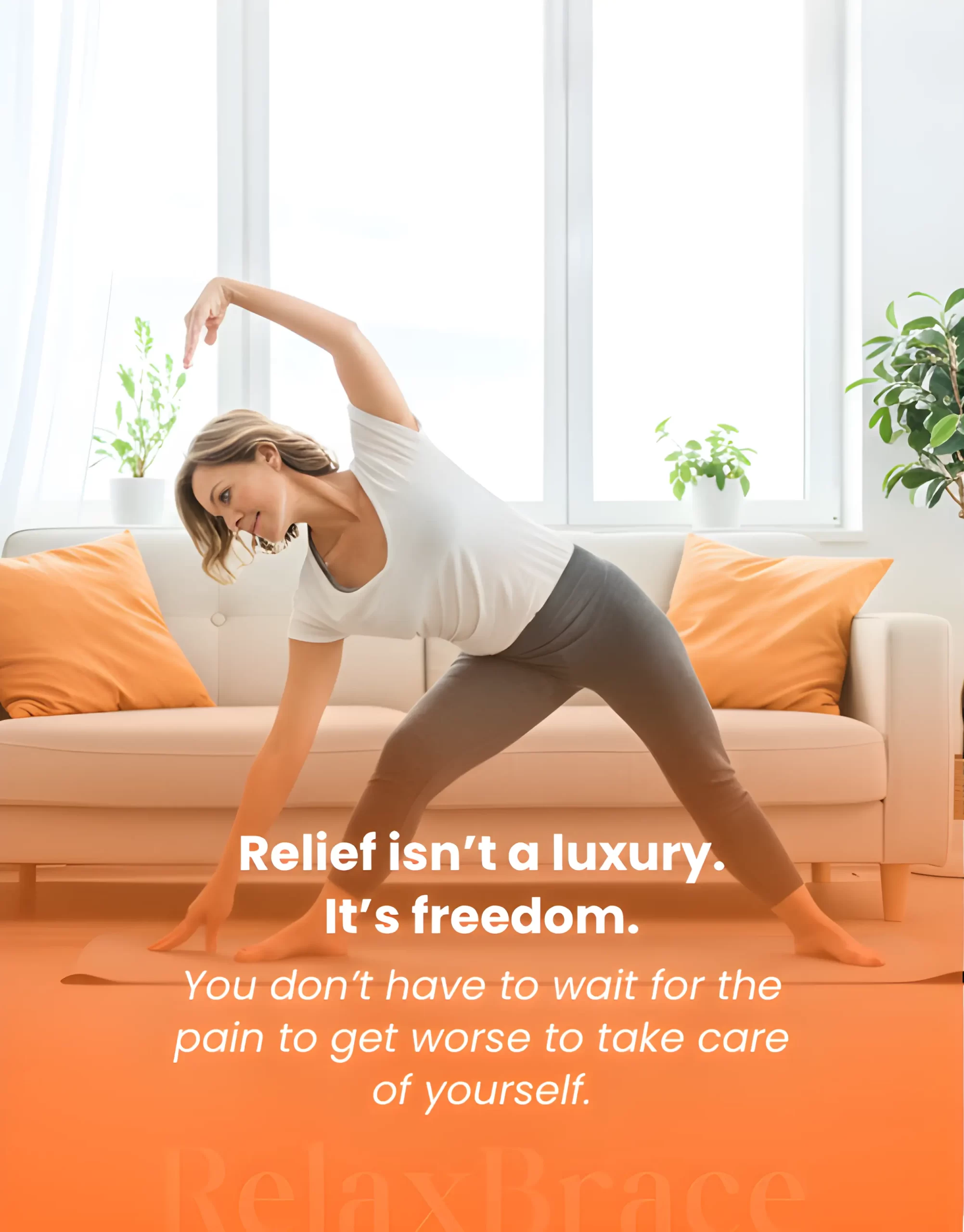 Woman doing arm stretches at home for natural pain relief and improved mobility.