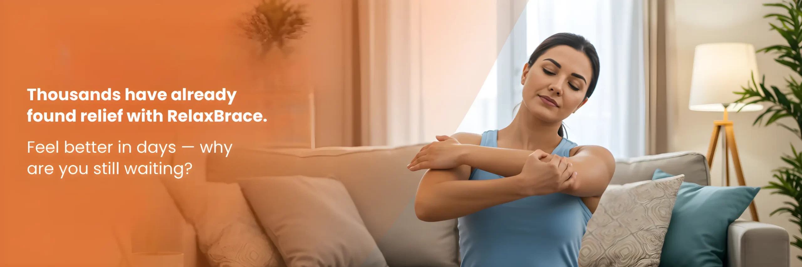 Woman stretching at home to relieve arm pain naturally through self-therapy.