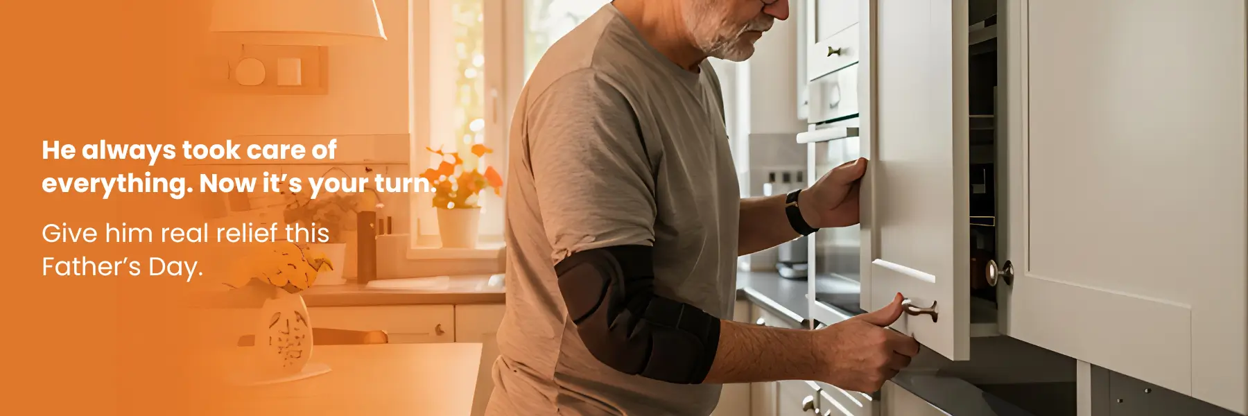 Man fixing kitchen cabinet wearing heating elbow brace — Father’s Day gift for elbow pain relief and mobility support.
