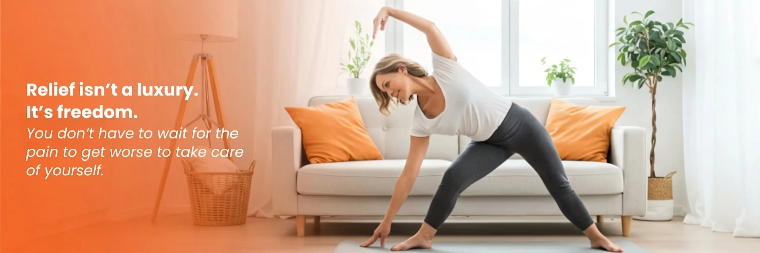 Woman doing arm stretches at home for natural pain relief and improved mobility.